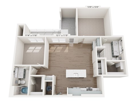 A floor plan of a small apartment with a kitchen, living room, and two bathrooms.